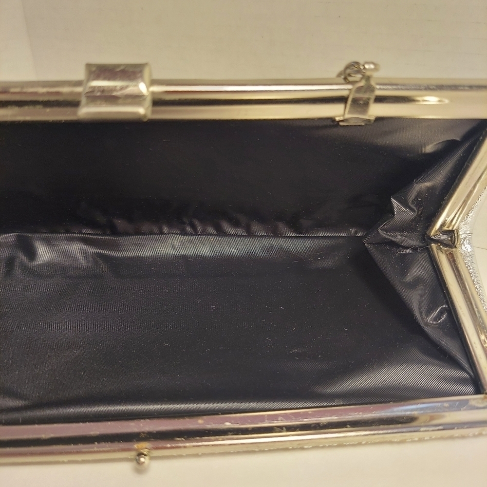 Vintage Silver Metallic + Glitter Clutch Evening Bag Purse Cocktail Prom Formal - Picture 12 of 15